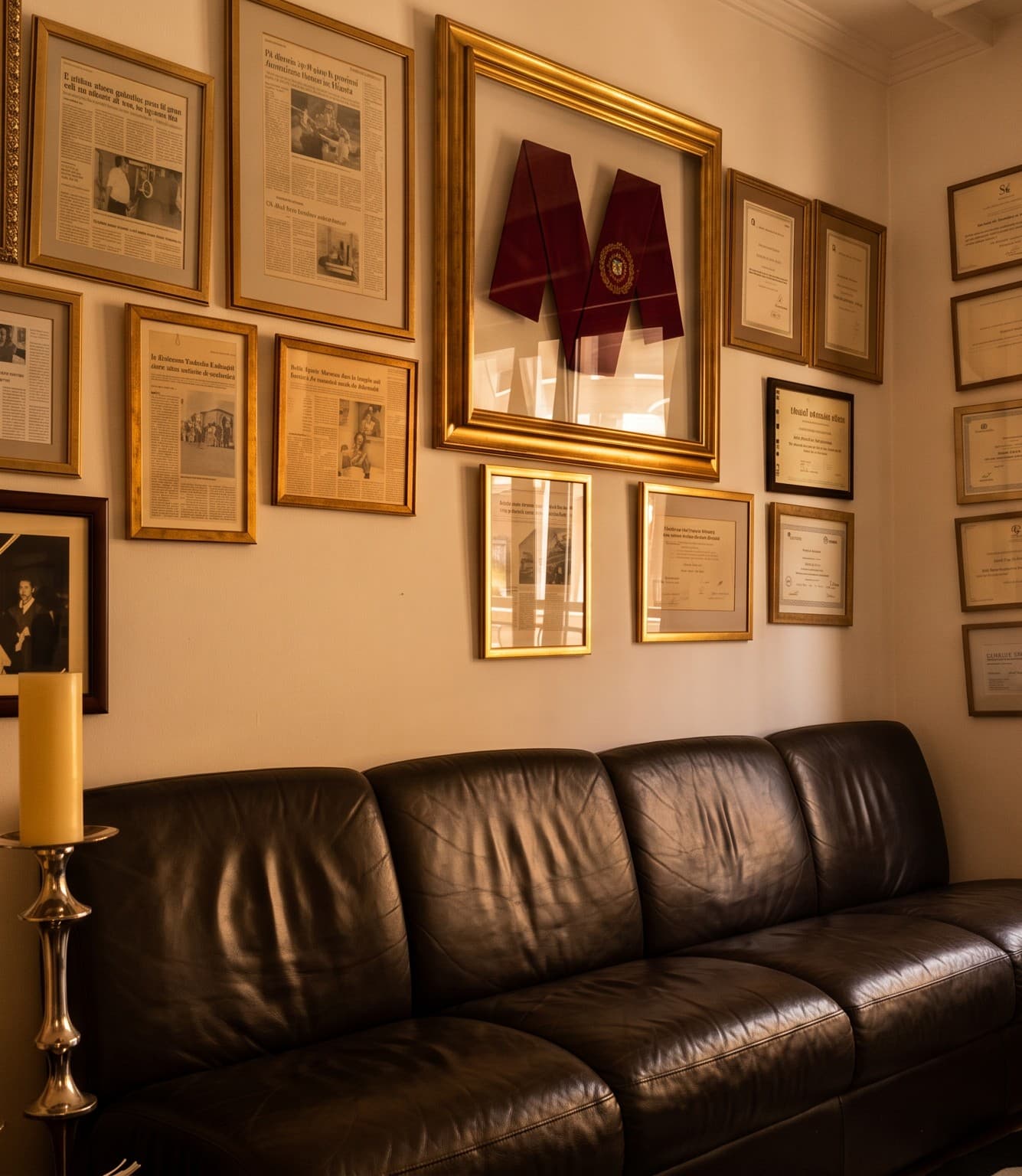 Pared de reconocimientos y diplomas en el despacho de Carmen Ventoso Blanco